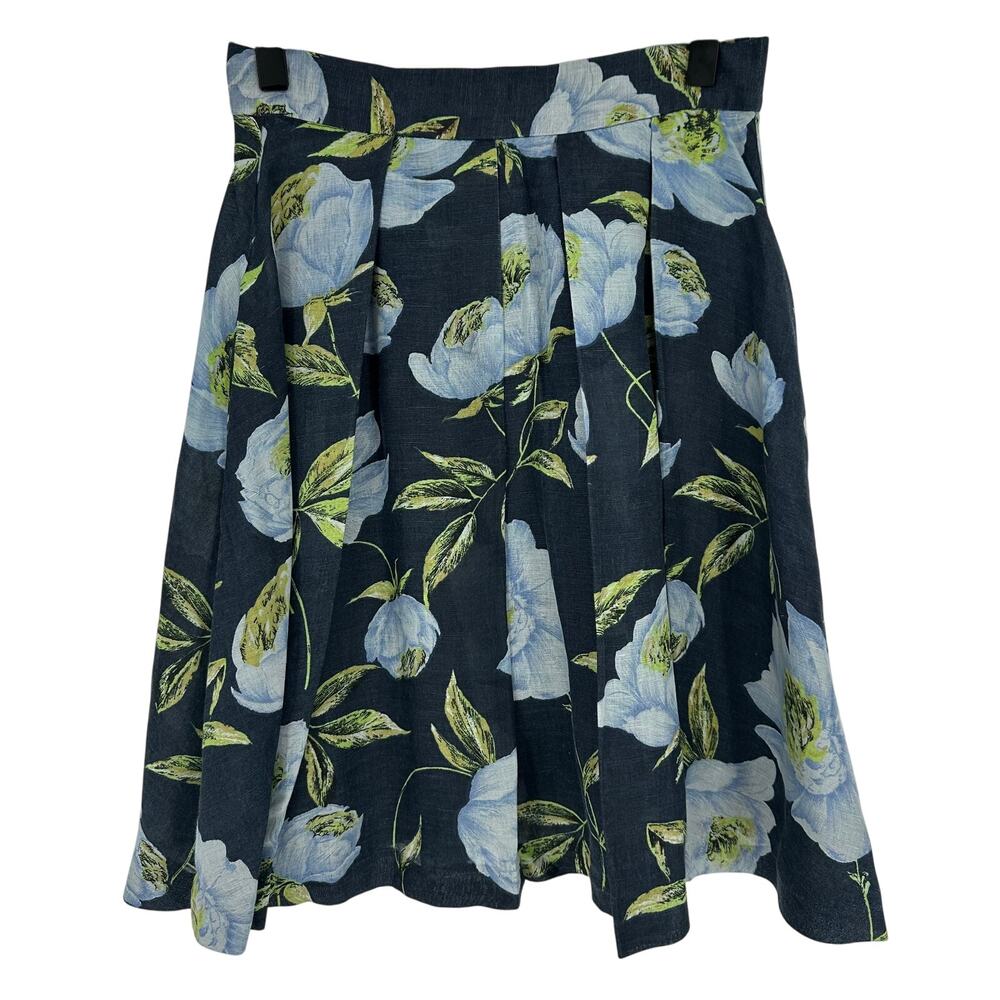 French Connection Blue Green Floral Linen Blend Mini Skater Skirt Pleated Size 2